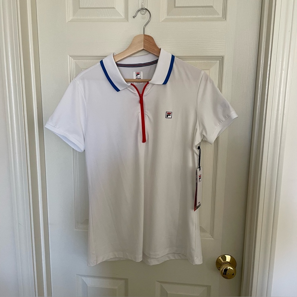 Fila L/XL Ladies White Tennis Shirt with Blue & Red Accent & W&S Open Logo UPF50